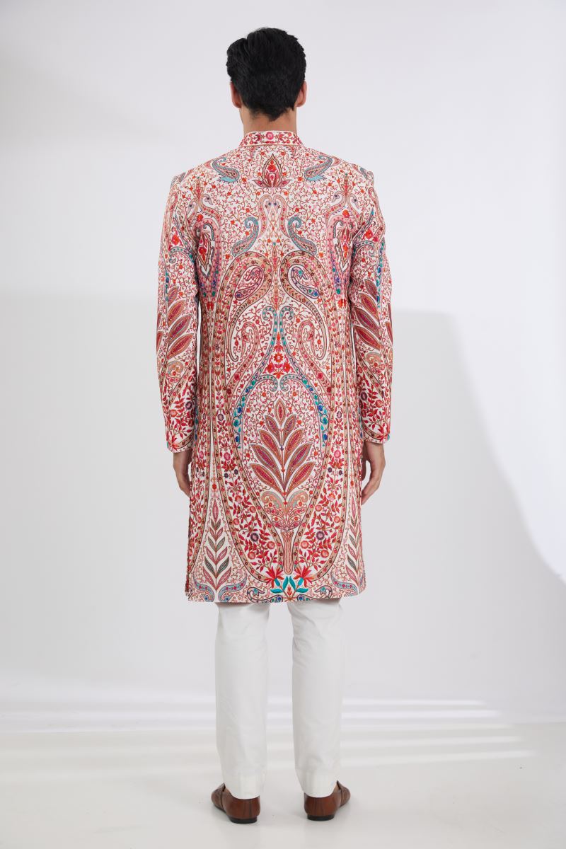 IVORY MULTI SHERWANI WITH RESHAM JAAL KURTA AND PANTS