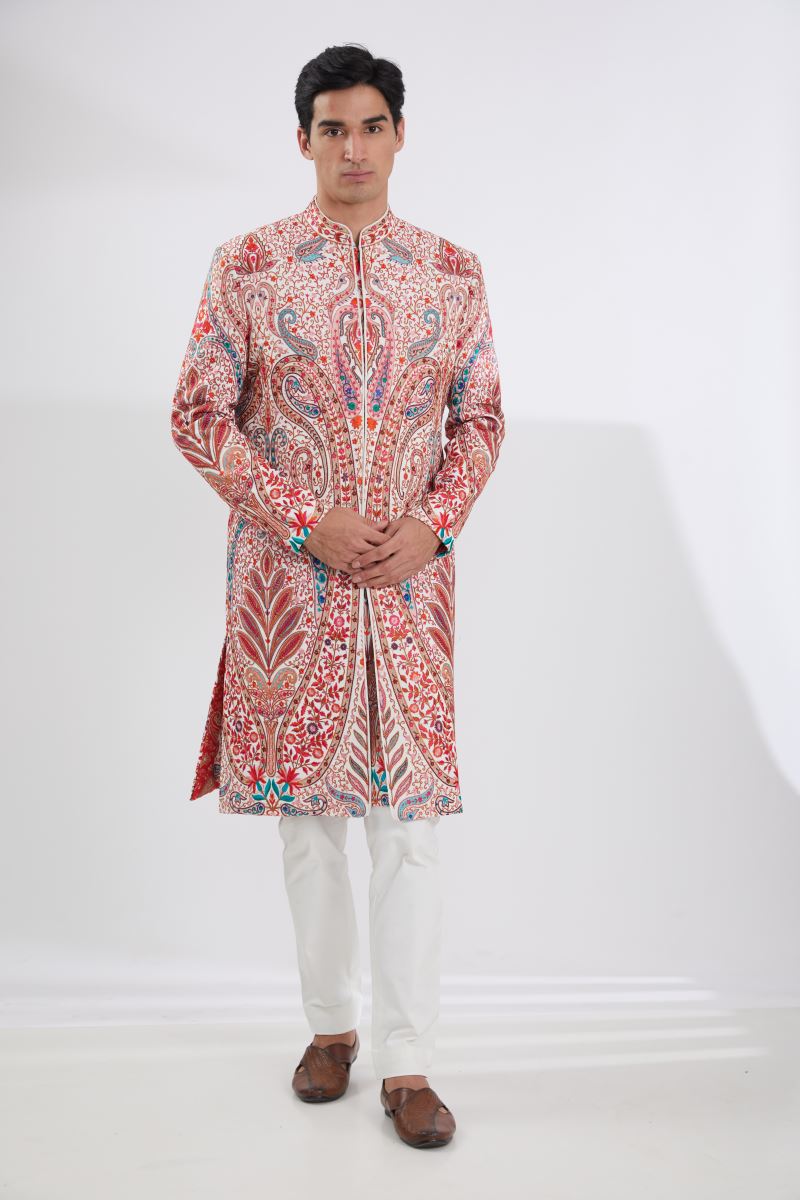 IVORY MULTI SHERWANI WITH RESHAM JAAL KURTA AND PANTS