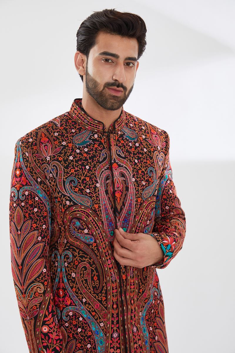BLACK WITH MULTI COLOR RESHAM SHERWANI SET