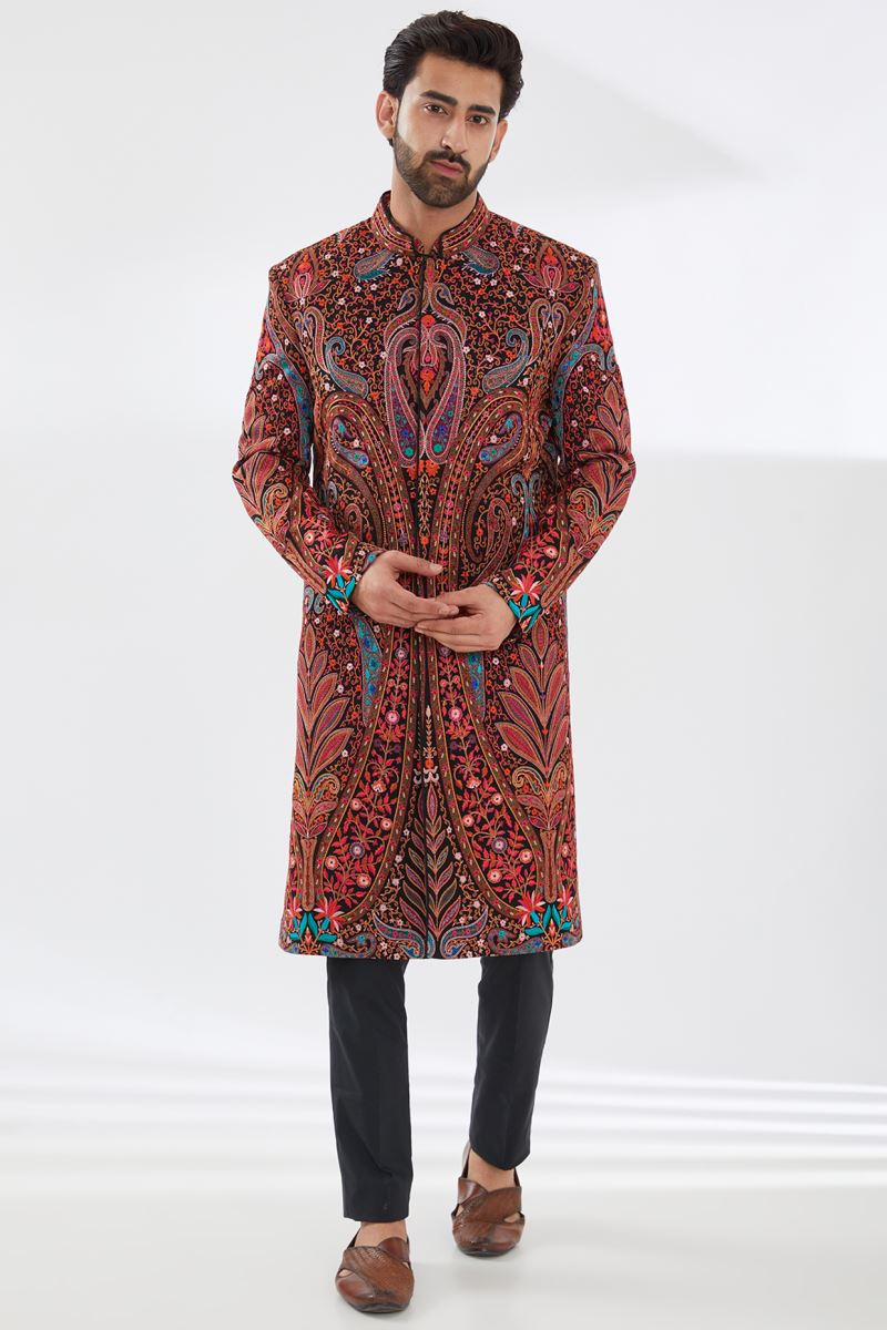 BLACK WITH MULTI COLOR RESHAM SHERWANI SET