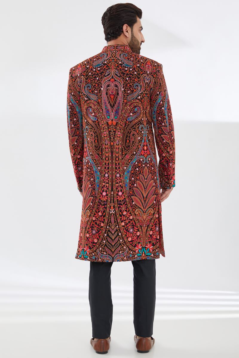 BLACK WITH MULTI COLOR RESHAM SHERWANI SET