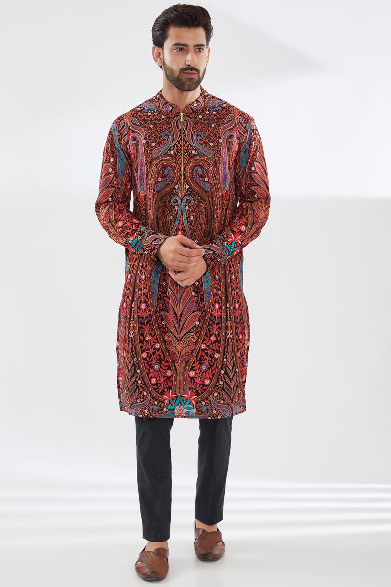 BLACK WITH MULTI COLOR RESHAM SHERWANI SET