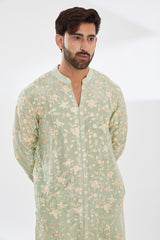 SAGE GREEN PARSI GARA EMBROIDERED UNLINED SILK V NECK KURTA WITH BEIGE PANTS