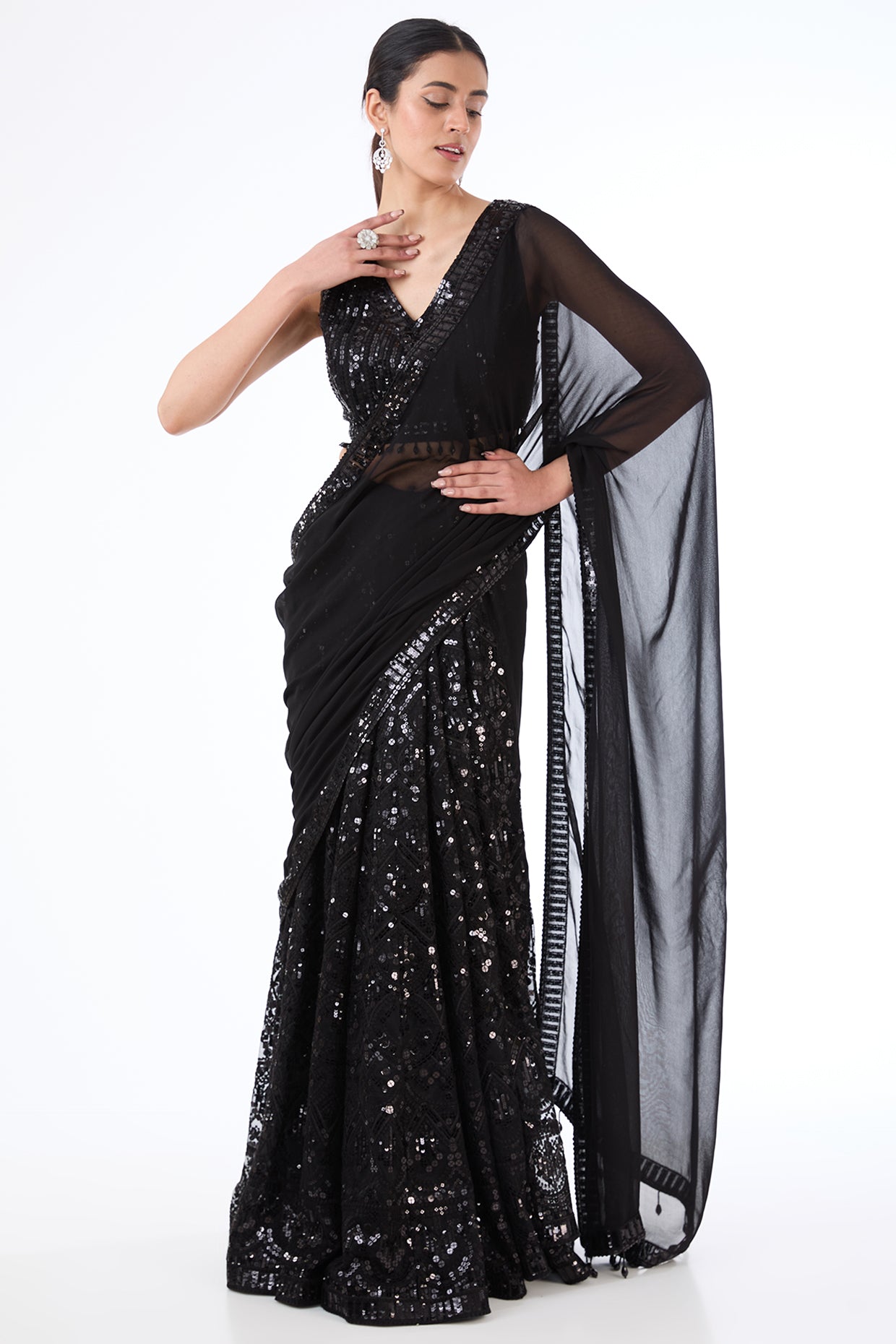 Adha black lehenga sari set