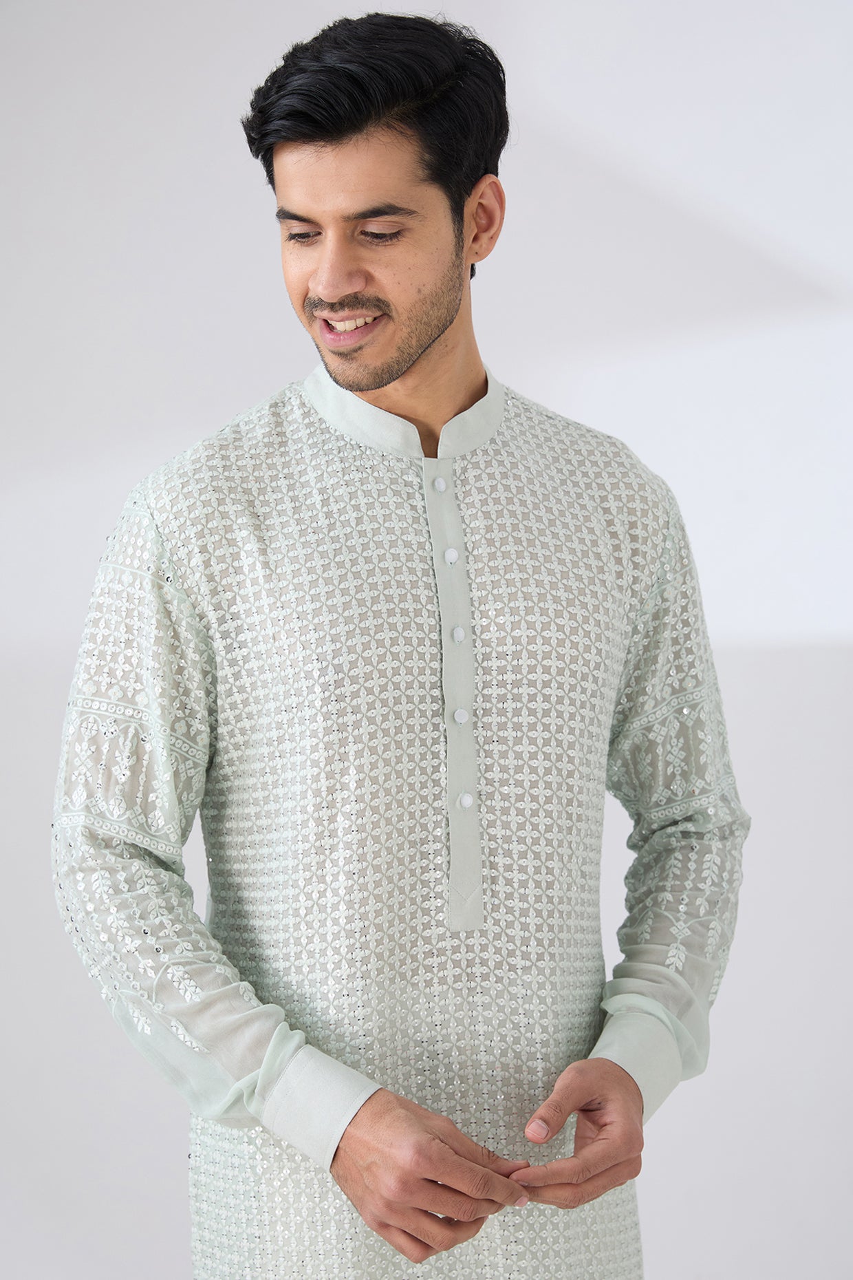 SAGE GREEN GEORGETTE UNLINED KURTA FULLY FRONT TONAL EMBROIDERED WITH BACK HALF EMBROIDERED AND PANTS