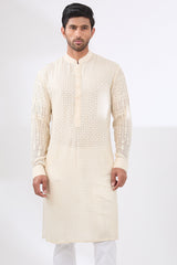 IVORY GEORGETTE UNLINED KURTA FULLY FRONT TONAL EMBROIDERED WITH PANTS