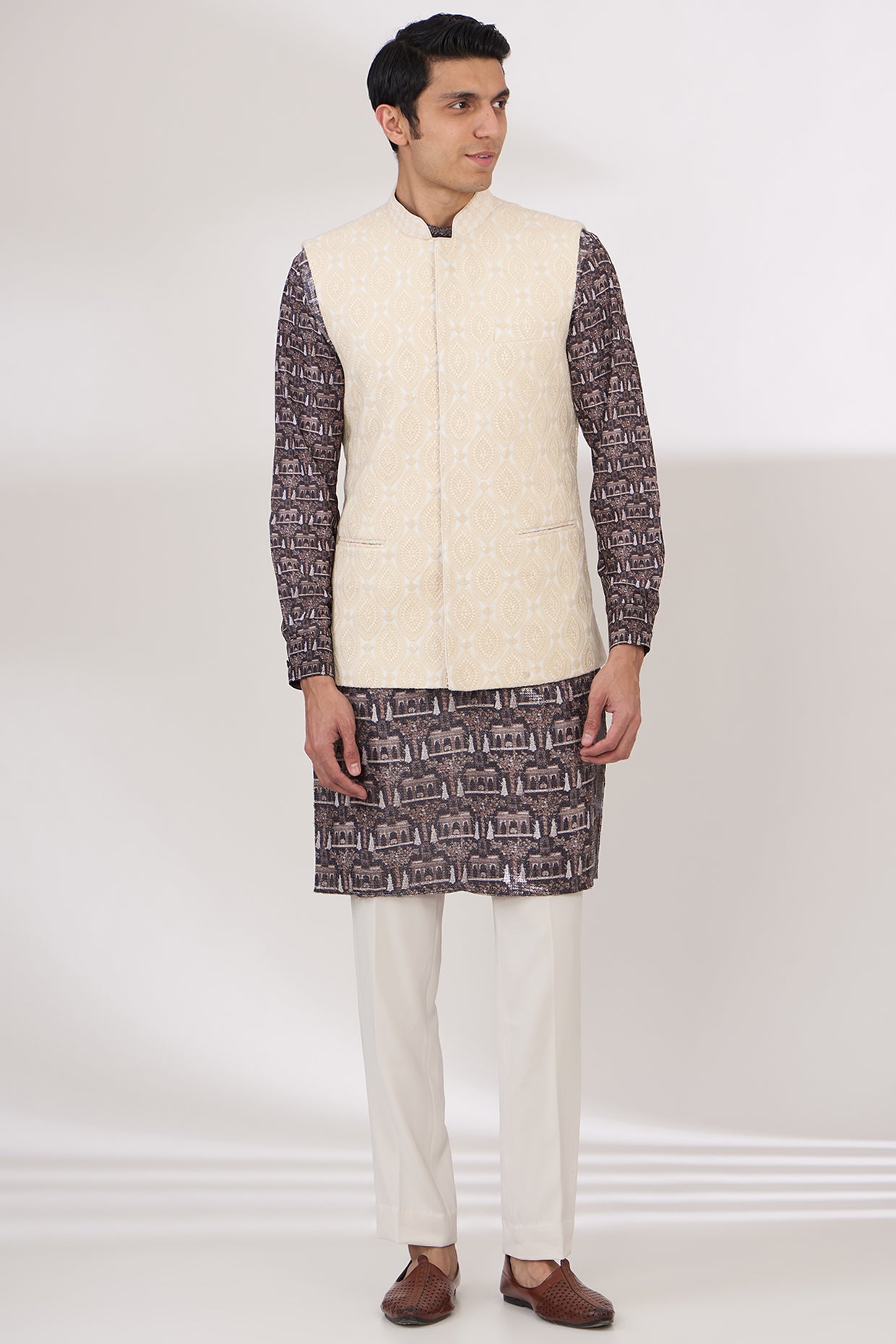 IVORY LEAF DESIGN THREAD WORK BUNDI AND SEQUINS COLLAR WITH BLACK PRINT KURTA AND PANTS