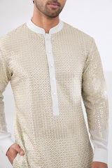 PALE BLUE GEORGETTE UNLINED KURTA FULLY FRONT GOLDEN EMBROIDERED WITH PANTS