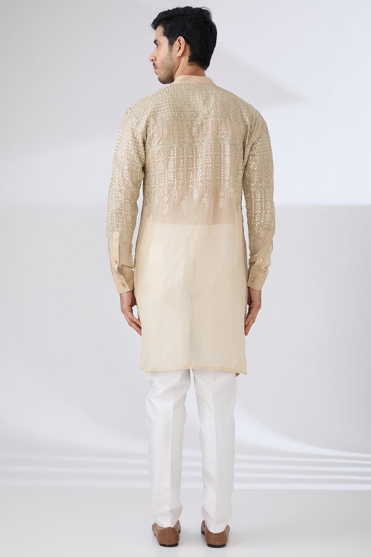 BEIGE GEORGETTE UNLINED KURTA FULLY FRONT GOLD EMBROIDERED WITH PANTS