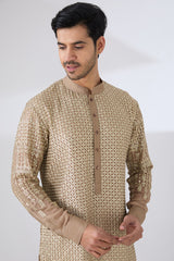 GOLD GEORGETTE UNLINED KURTA FULLY FRONT GOLD EMBROIDERED AND PANTS