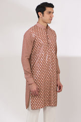 RED SHEETING AND GEORGETTE WITH CREPE LINING KURTA AND COTTON SILK PANTS