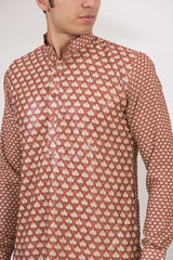 RED SHEETING AND GEORGETTE WITH CREPE LINING KURTA AND COTTON SILK PANTS