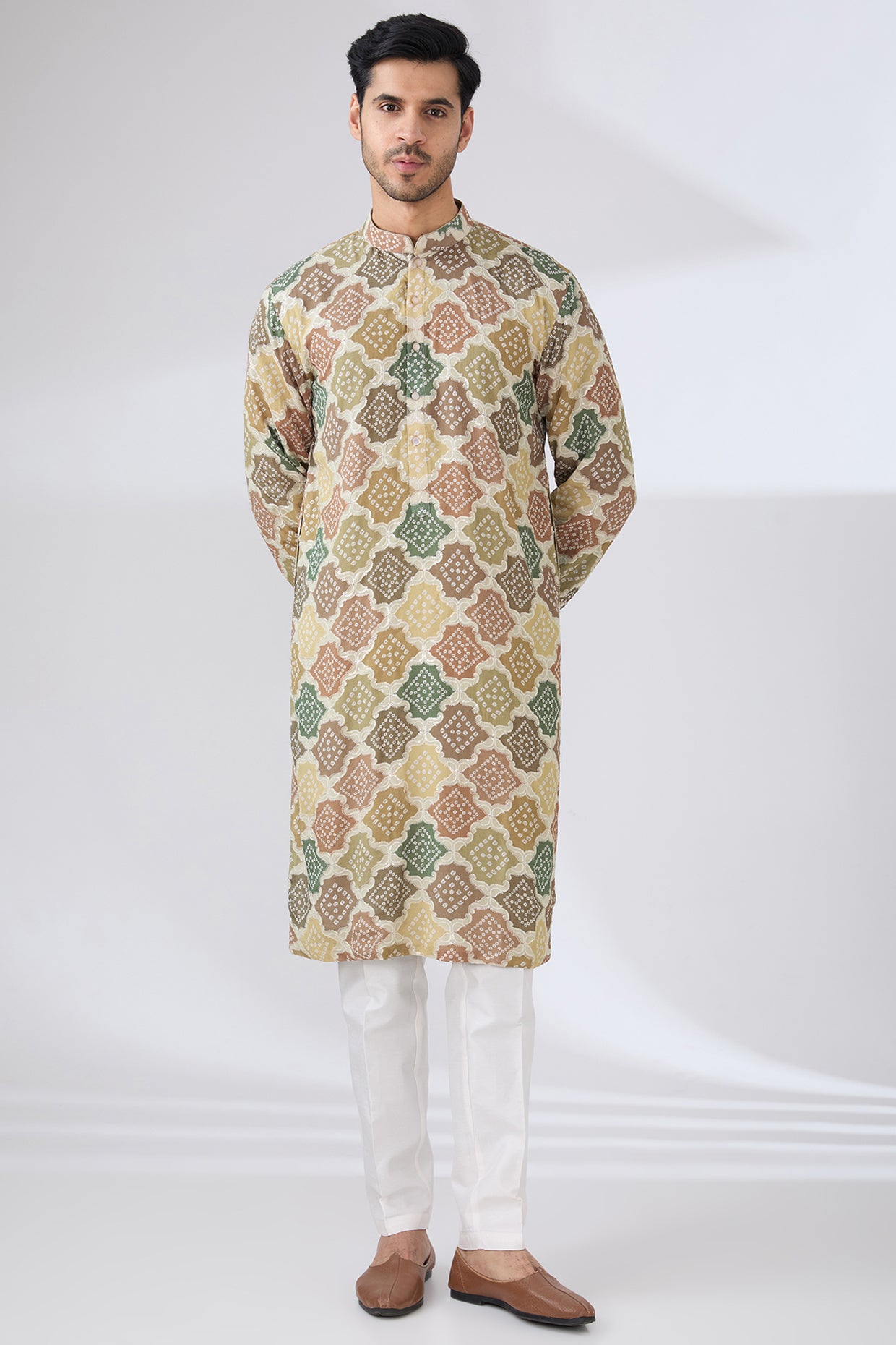 MULTI GREEN BANDHANI WITH TONAL SEQUINS UNLINED KURTA AND COTTON SILK PANTS