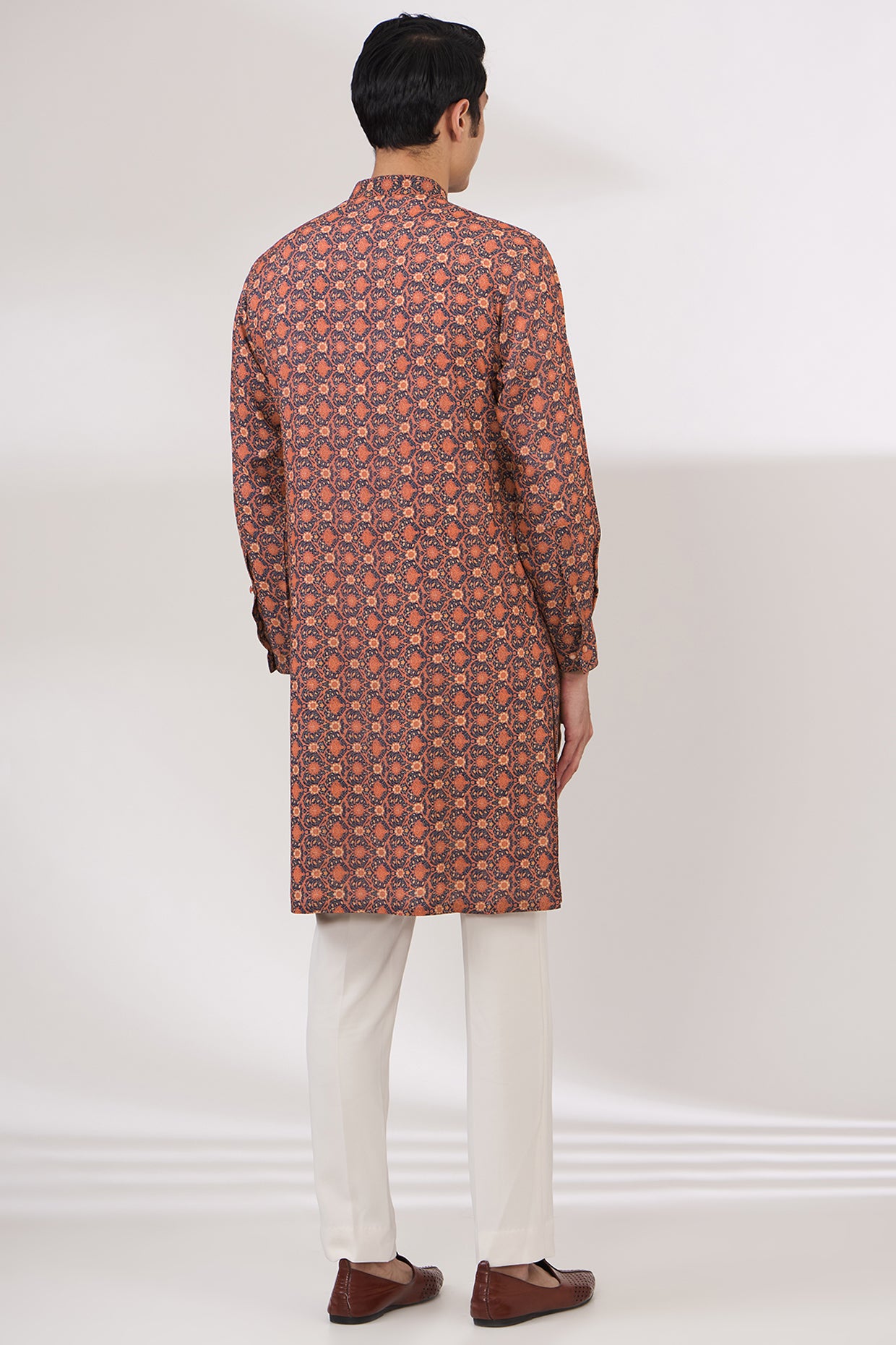 BLACK WITH ORANGE PRINT SHEETING/GORGETTE WITH CREPE LINING KURTA WITH COTTON SILK PANTS