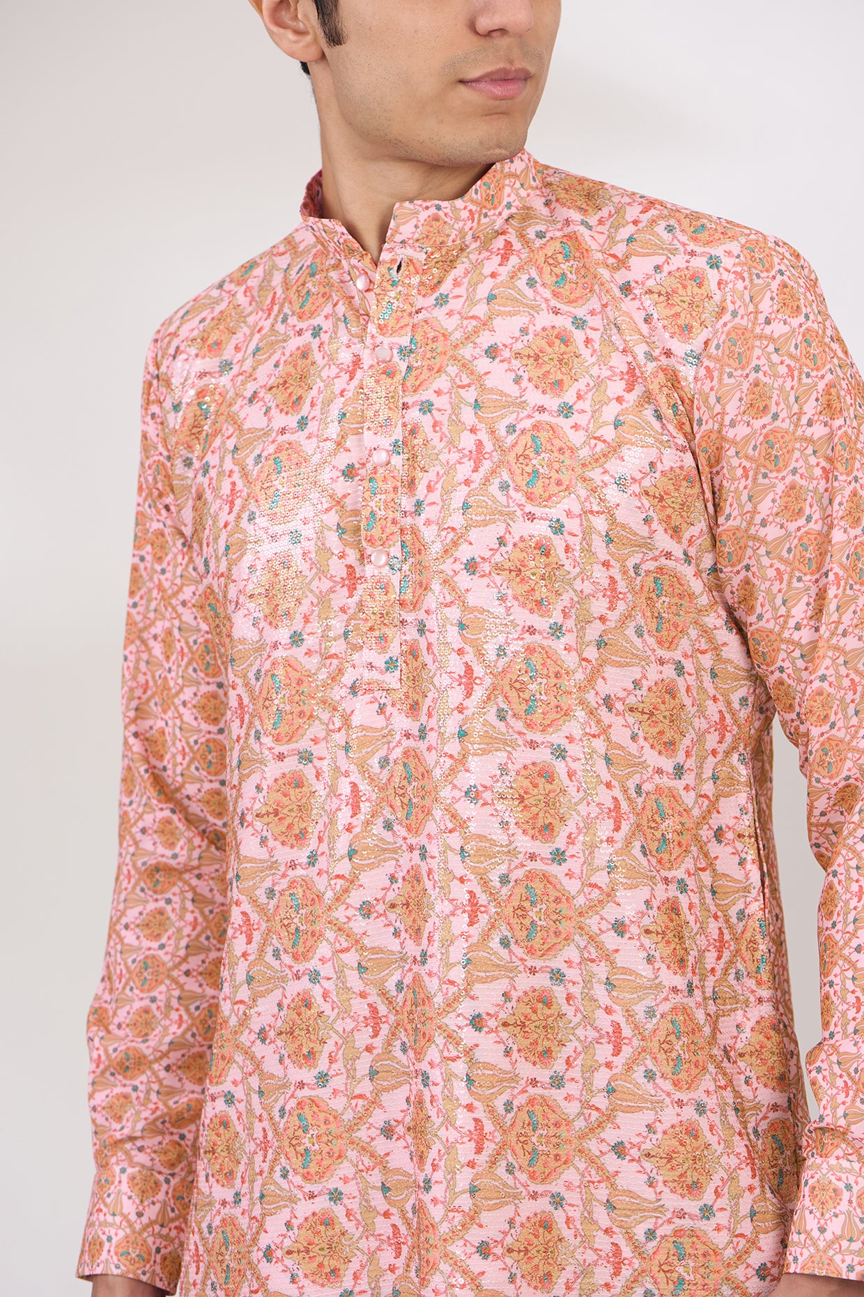 PINK SHEETING AND GEORGETTE WITH CREPE LINING KURTA AND COTTON SILK PANTS