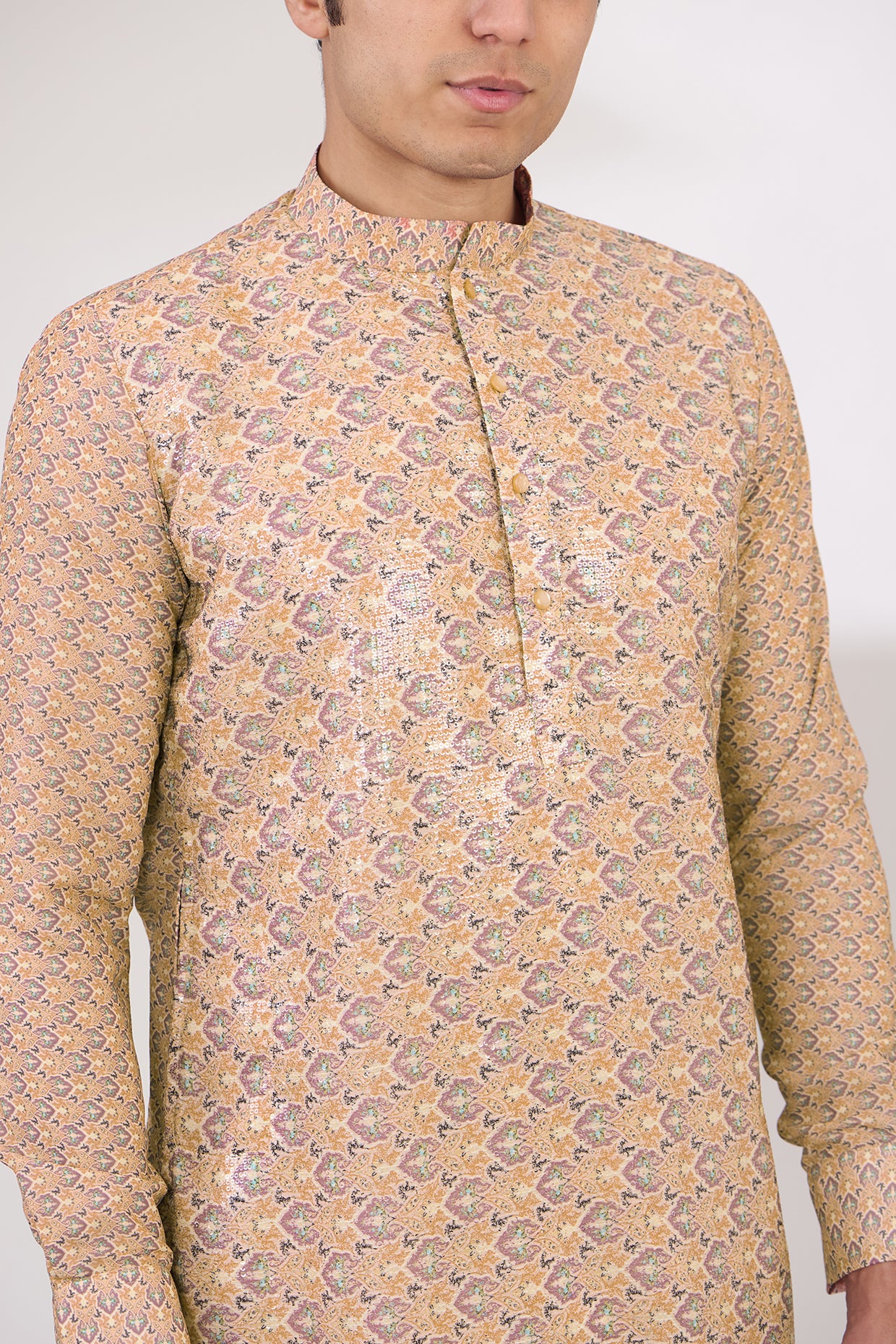 YELLOW/BROWN SHEETING AND GEORGETTE WITH CREPE LINING KURTA AND COTTON SILK PANTS