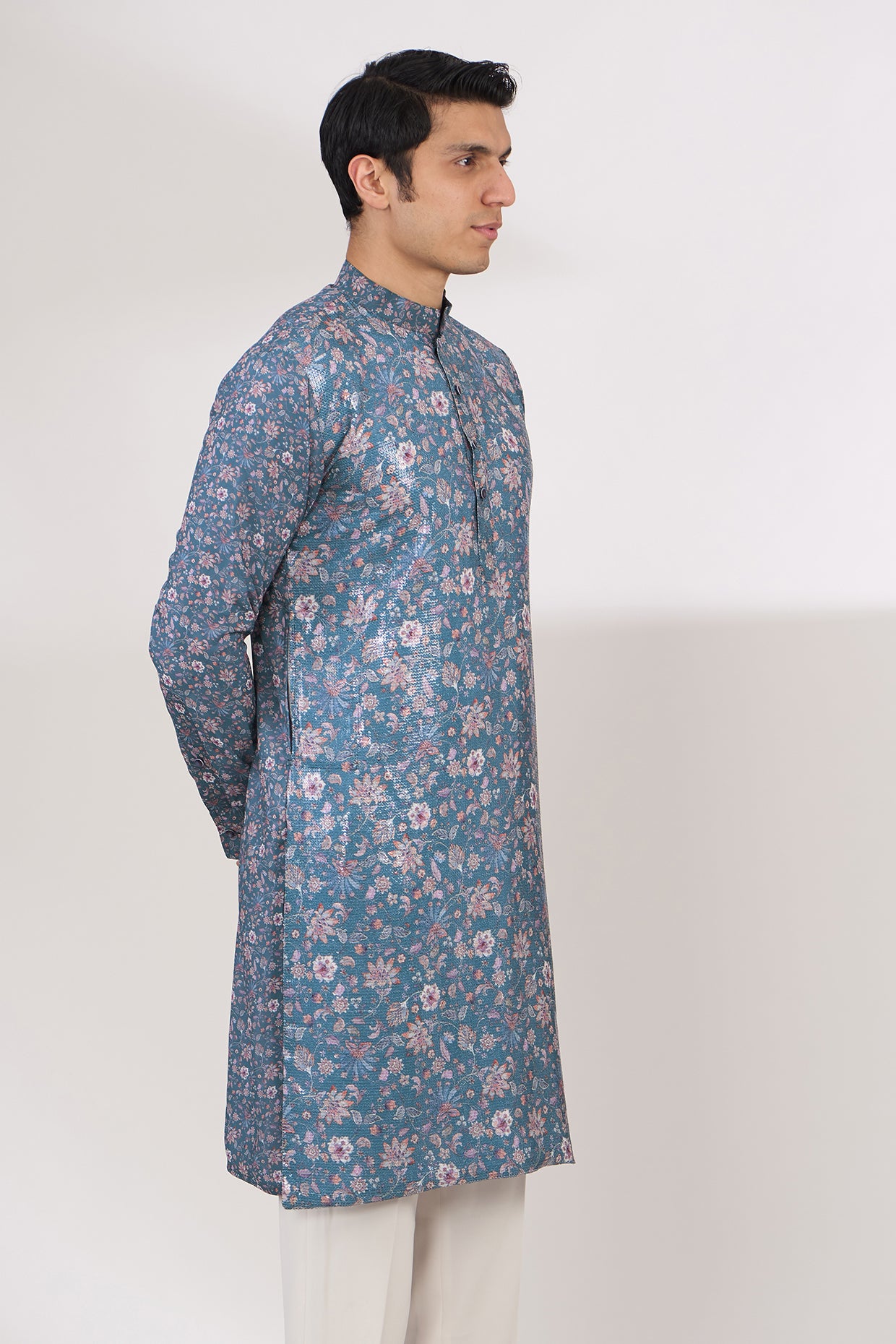 TEAL BLUE SHEETING AND GEORGETTE WITH CREPE LINING KURTA AND COTTON SILK PANTS