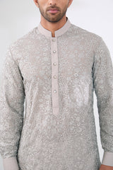 GREY BLUE FULLY THREAD WORK GEORGETTE UNLINED KURTA WITH COTTON SILK PANT