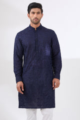 MIDNIGHT BLUE FULLY THREAD WORK GEORGETTE UNLINED KURTA WITH COTTON SILK PANTS