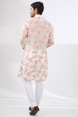 OFFWHITE FULLY THREAD AND SEQUINS WORK UNLINED KURTA WITH COTTON SILK PANTS