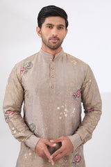 GREY TISSUE GOLD ZARI WORK WITH ROSES LINED KURTA AND COTTON SILK PANTS