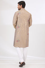 GREY TISSUE GOLD ZARI WORK WITH ROSES LINED KURTA AND COTTON SILK PANTS