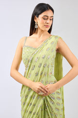 SAIRRA LIME GREEN GEORGETTE GOLD /SILVER SEQUIN BURST STITCH SAREE SET