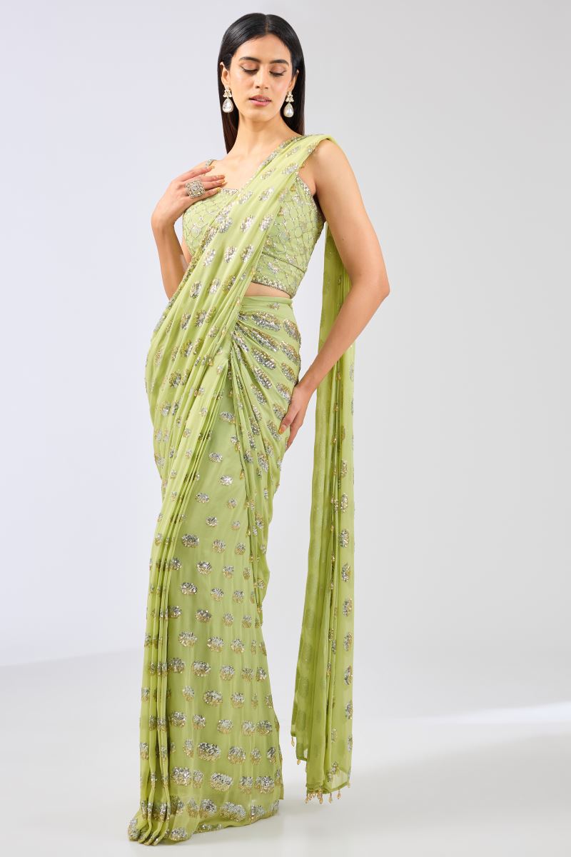 SAIRRA LIME GREEN GEORGETTE GOLD /SILVER SEQUIN BURST STITCH SAREE SET