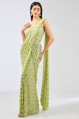 SAIRRA LIME GREEN GEORGETTE GOLD /SILVER SEQUIN BURST STITCH SAREE SET
