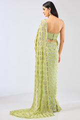 SAIRRA LIME GREEN GEORGETTE GOLD /SILVER SEQUIN BURST STITCH SAREE SET