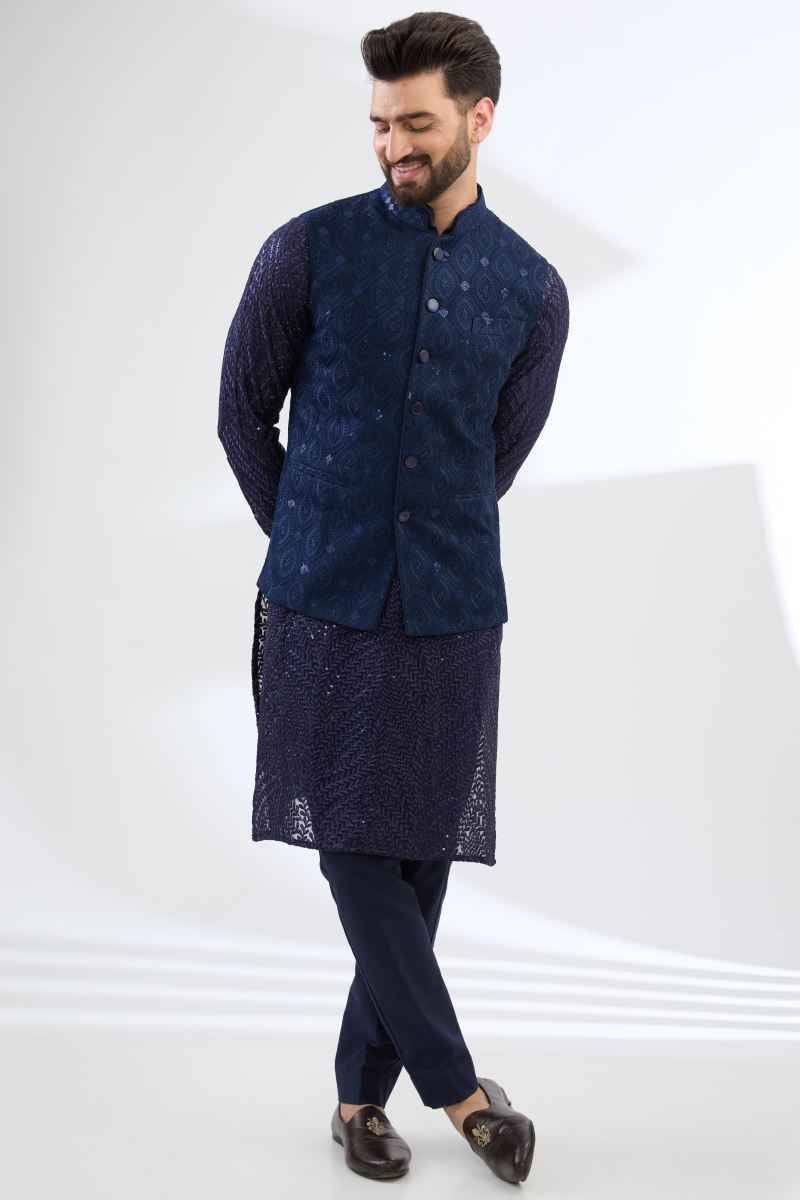 BLUE GEORGETTE FULLY EMBROIDERED BUNDI SET