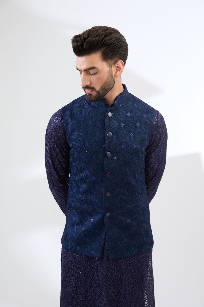 BLUE GEORGETTE FULLY EMBROIDERED BUNDI SET