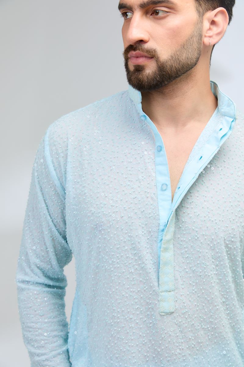 AQUA GEORGETTE FULLY EMBROIDERED KURTA WITH PANTS