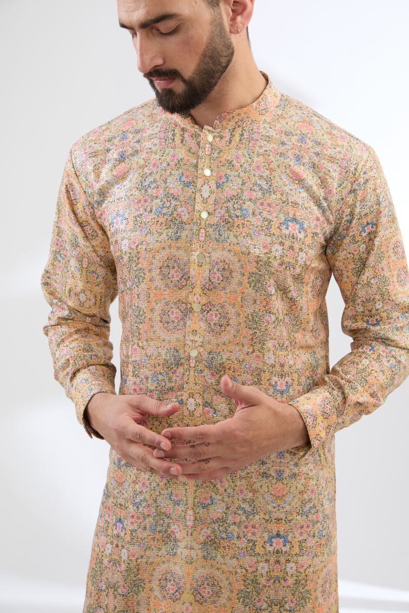 PALE YELLOW CARPET PRINT KURTA WITH PANTS