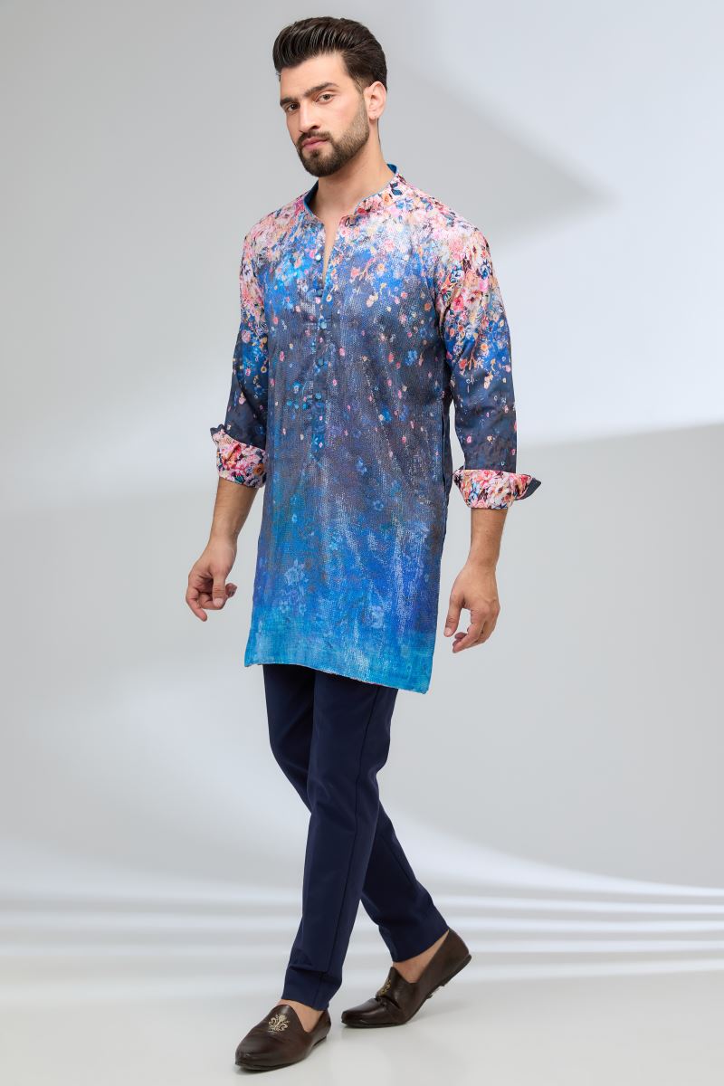 INDIGO BLUE WITH MULTI COLOR FLOWER BURST PRINT KURTA AND PANTS