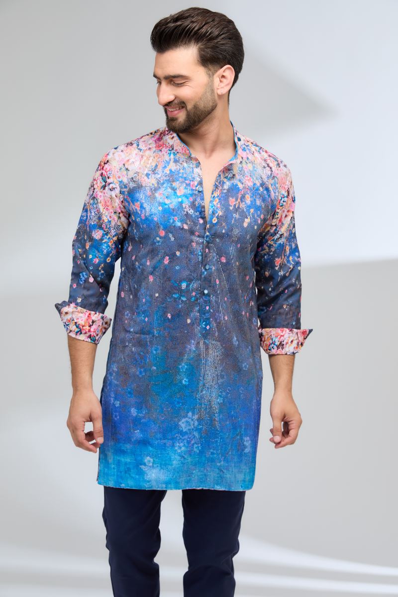 INDIGO BLUE WITH MULTI COLOR FLOWER BURST PRINT KURTA AND PANTS