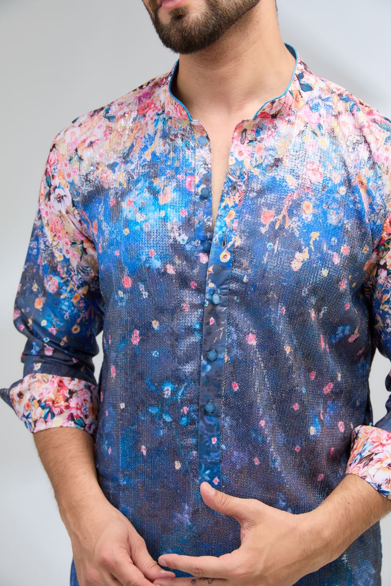 INDIGO BLUE WITH MULTI COLOR FLOWER BURST PRINT KURTA AND PANTS