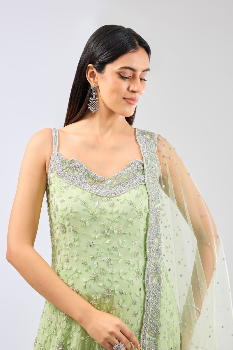 AYAT LIME GREEN GEORGETE FULL HAND WORK KURTA WITH GHARARA AND DUPATTA