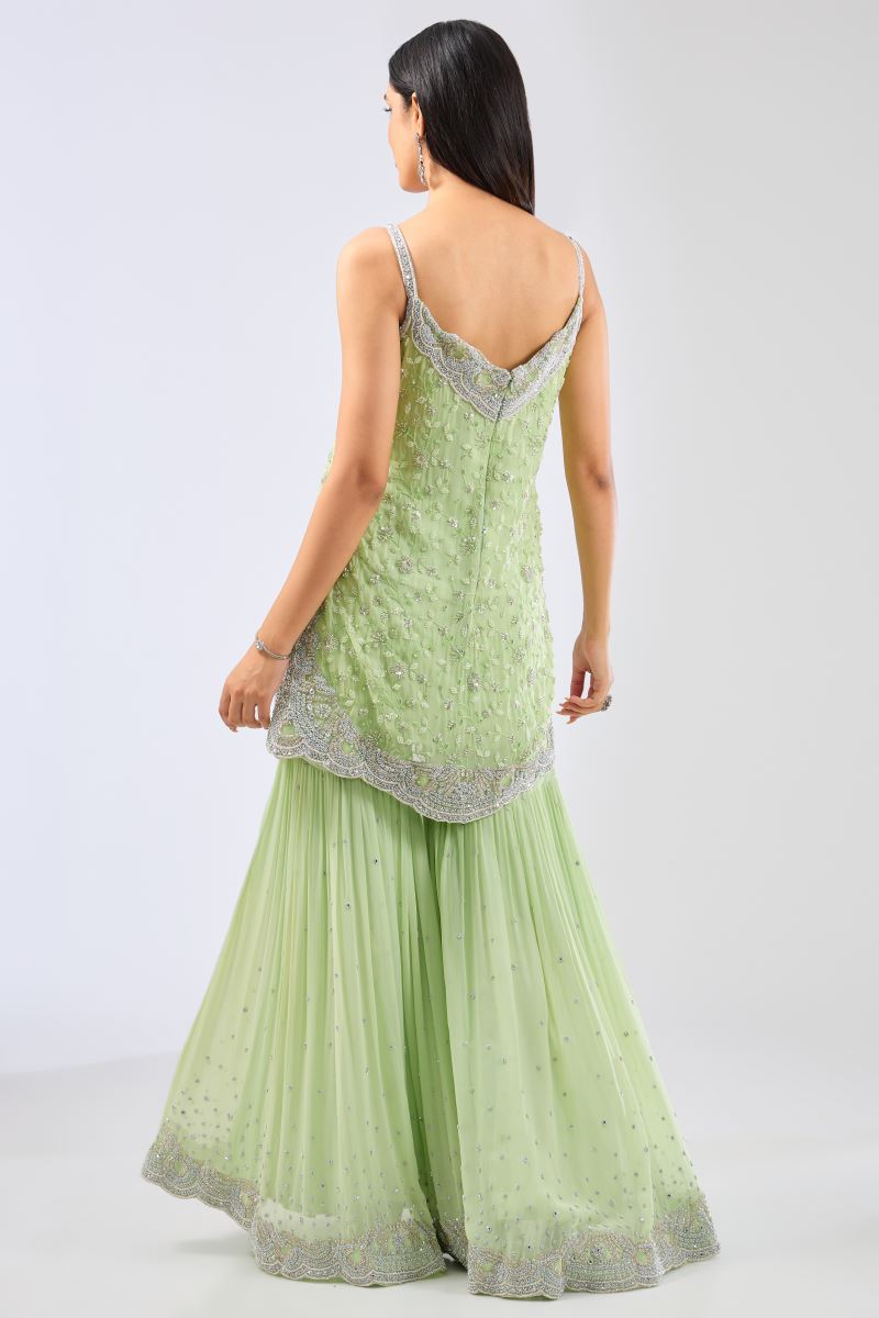AYAT LIME GREEN GEORGETE FULL HAND WORK KURTA WITH GHARARA AND DUPATTA