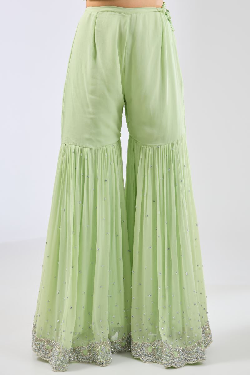 AYAT LIME GREEN GEORGETE FULL HAND WORK KURTA WITH GHARARA AND DUPATTA
