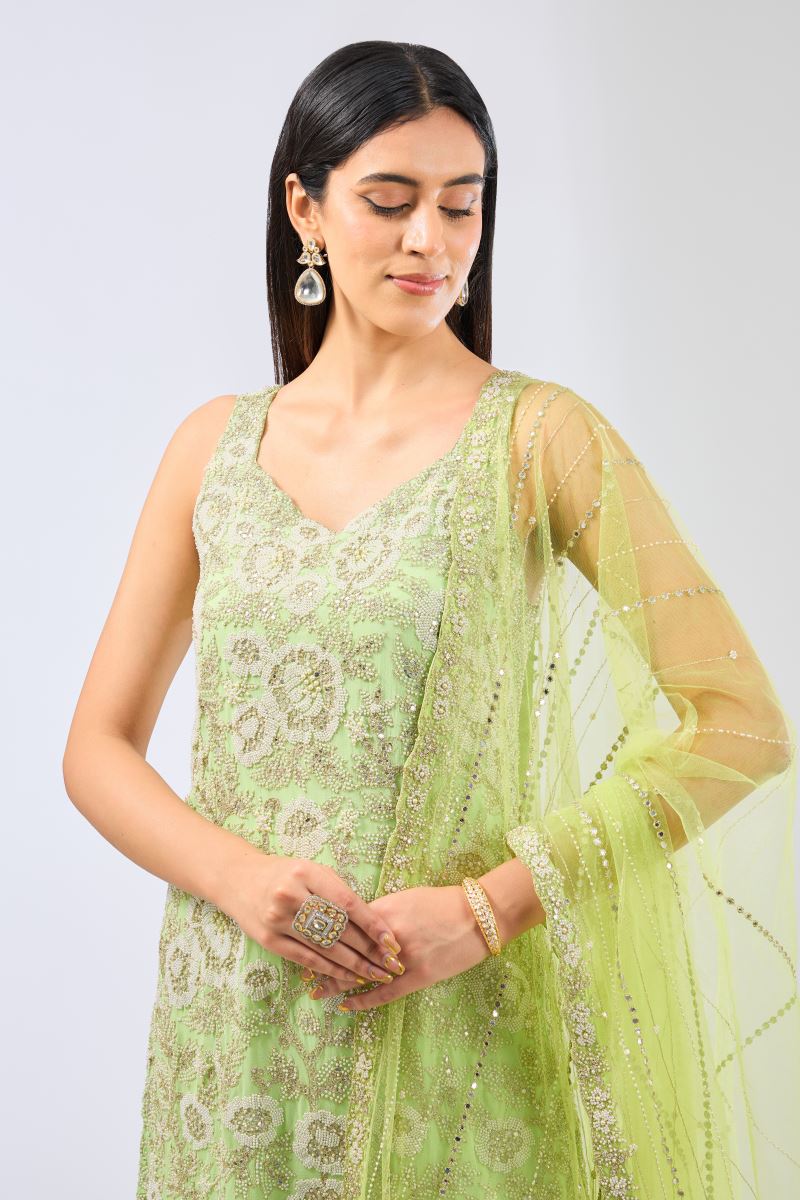 AYAT LIME GREEN GEORGETTE FULL HAND WORK KURTA /GHARARA SET
