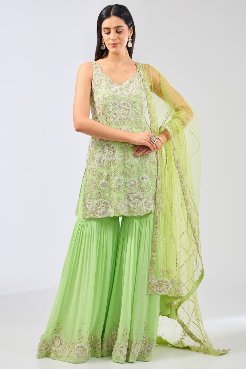 AYAT LIME GREEN GEORGETTE FULL HAND WORK KURTA /GHARARA SET
