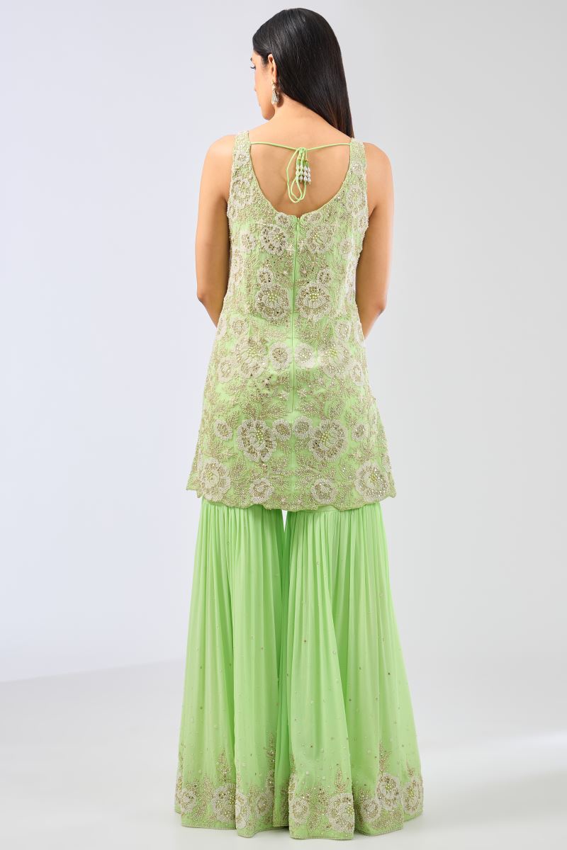 AYAT LIME GREEN GEORGETTE FULL HAND WORK KURTA /GHARARA SET