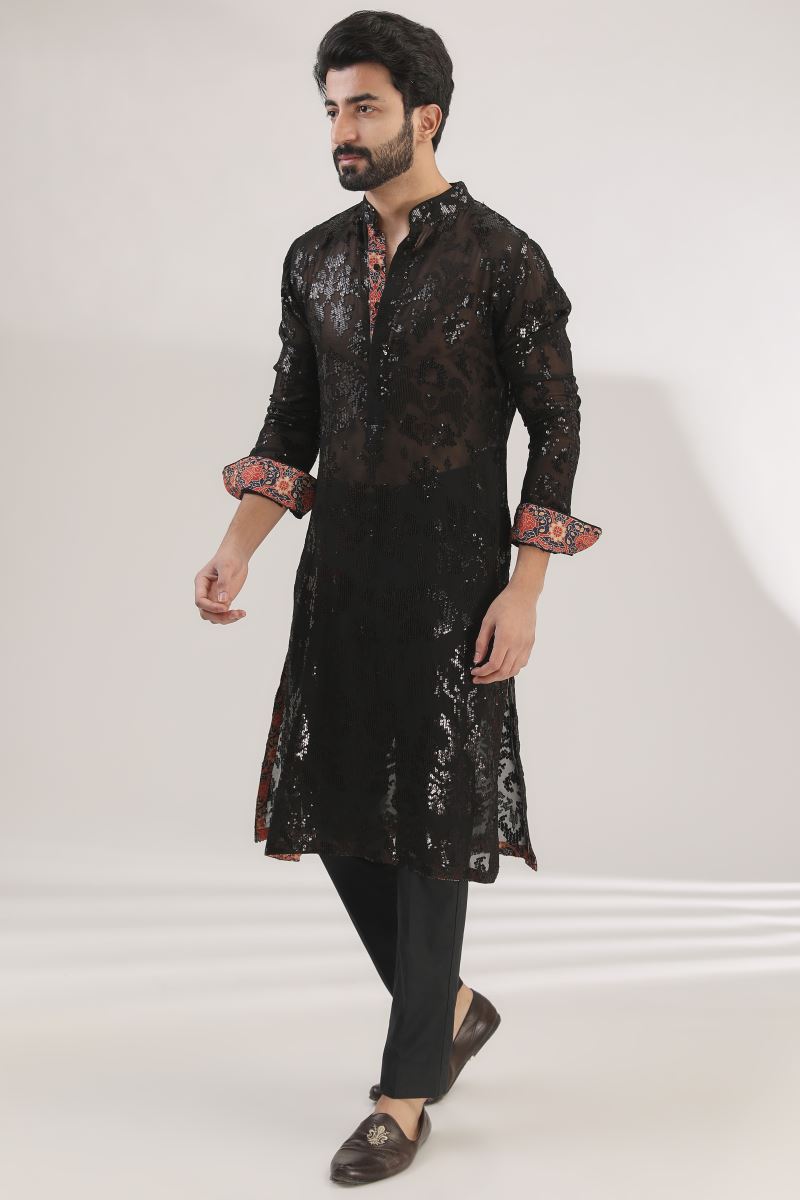 BLACK FULLY EMNROIDERED KURTA WITH BUNDI AND PANTS