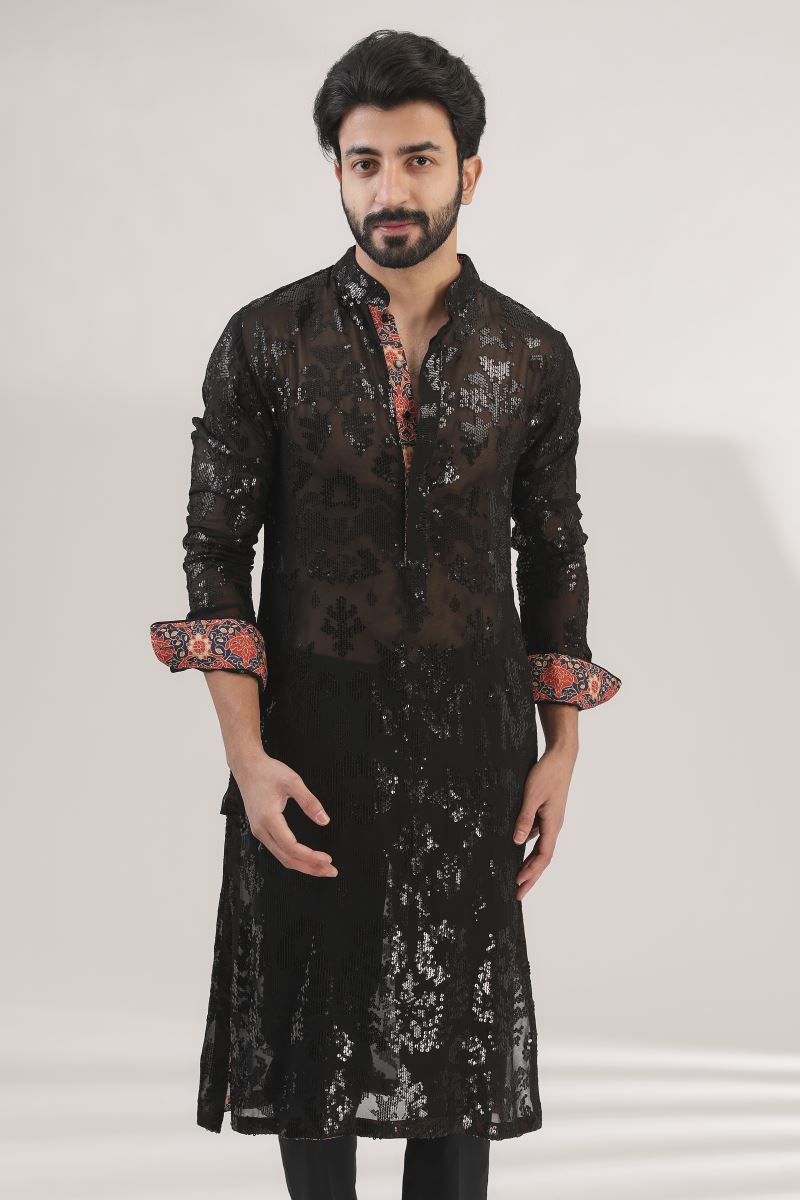 BLACK FULLY EMNROIDERED KURTA WITH BUNDI AND PANTS