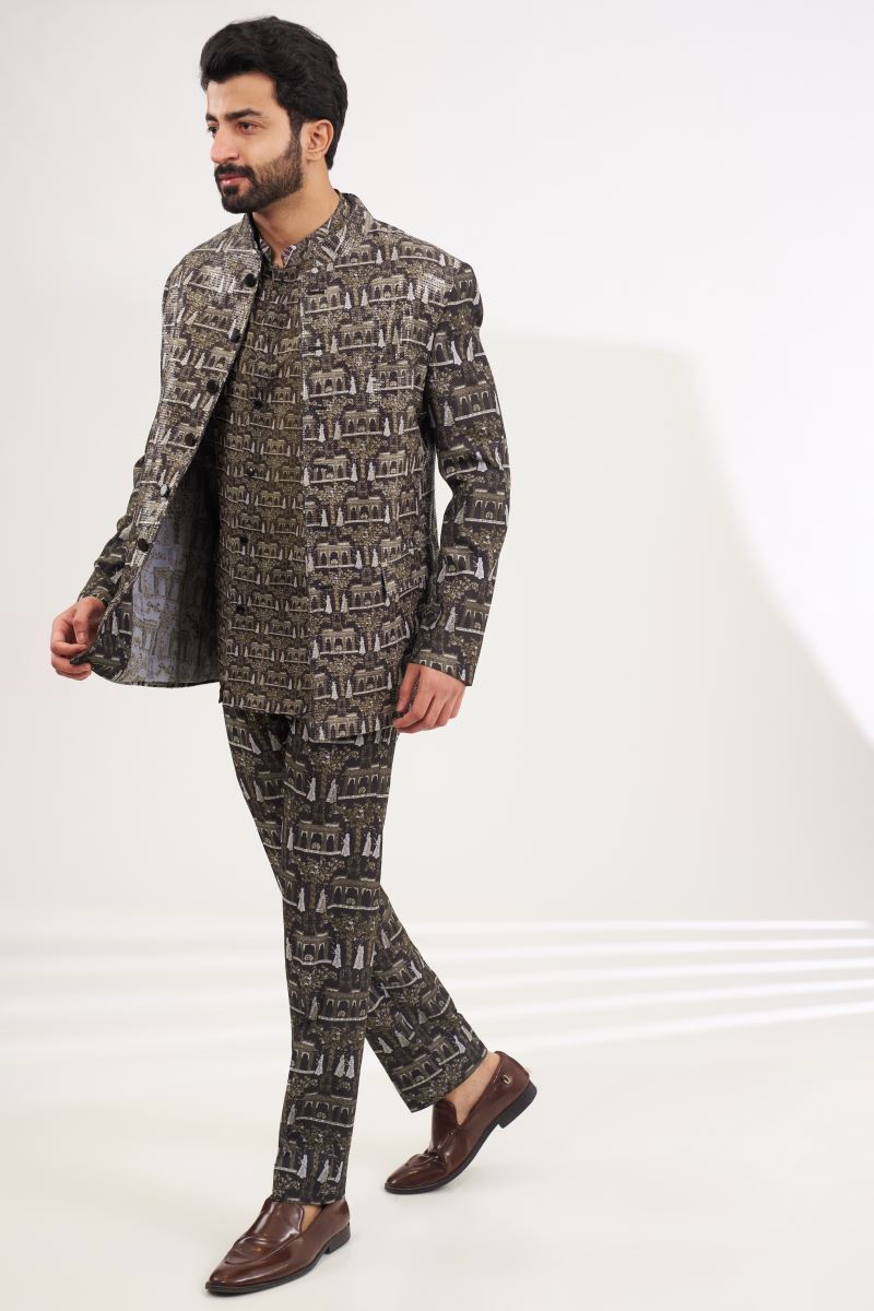 BLACK PRINTED BANDGALA SET