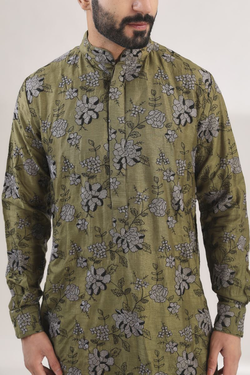 MEHENDI GREEN MULTI FULLY EMBROIDERED DUPION SILK KURTA AND COTTON SILK PANTS