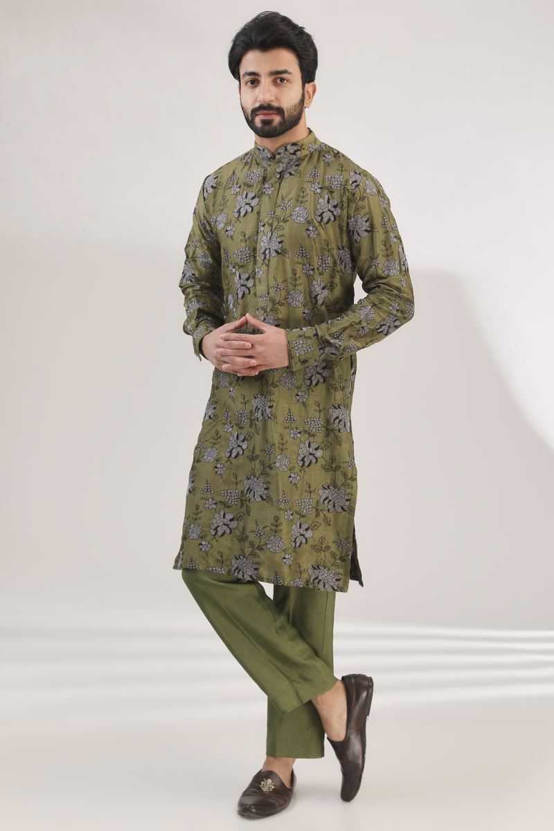 MEHENDI GREEN MULTI FULLY EMBROIDERED DUPION SILK KURTA AND COTTON SILK PANTS