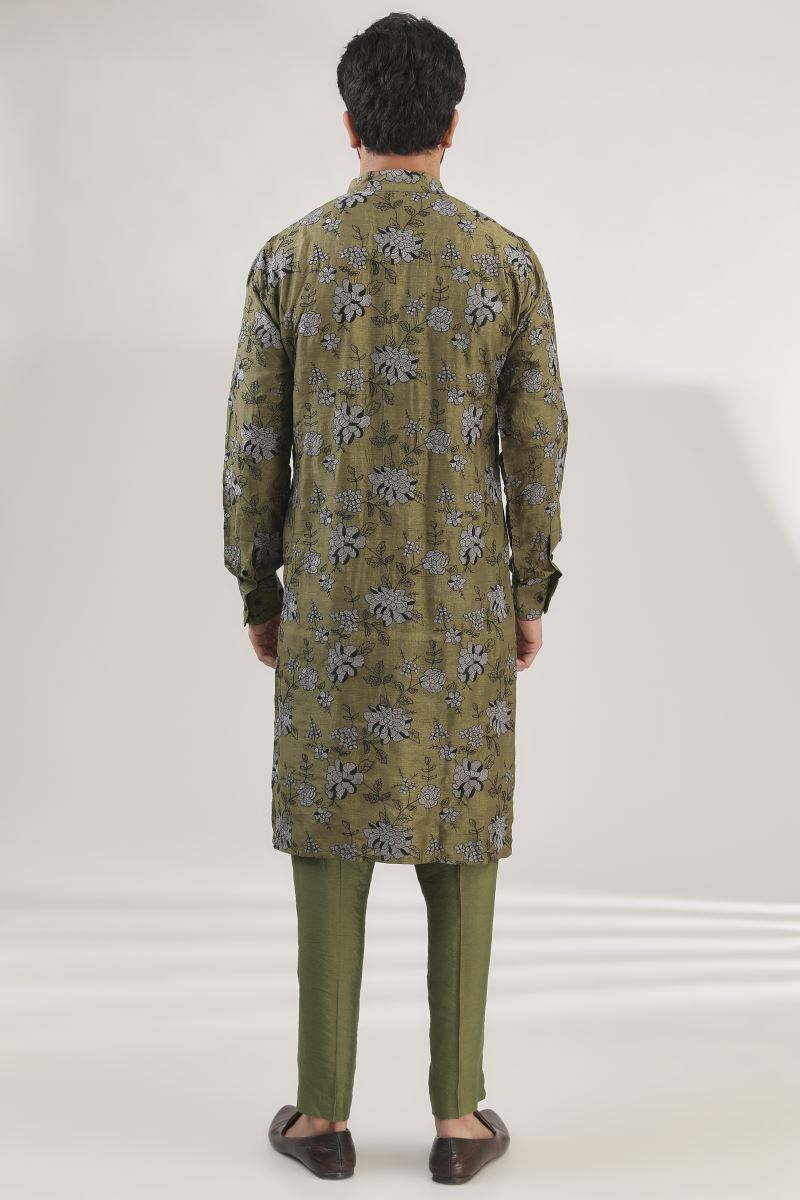 MEHENDI GREEN MULTI FULLY EMBROIDERED DUPION SILK KURTA AND COTTON SILK PANTS