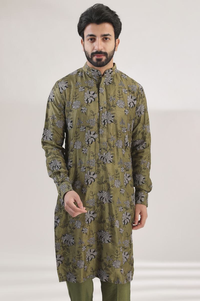 MEHENDI GREEN MULTI FULLY EMBROIDERED DUPION SILK KURTA AND COTTON SILK PANTS